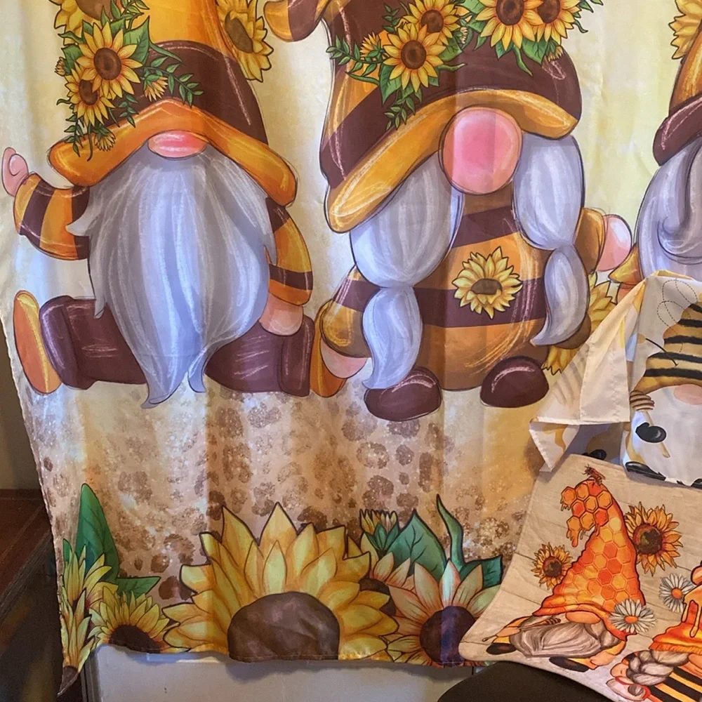 Sunflower fall gnomes bathroom set Shower curtain, window valance bath rug